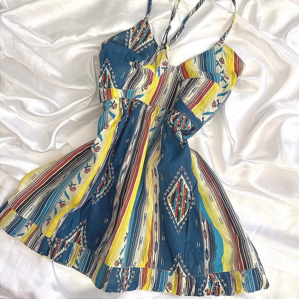 Milly Cotton Southwestern Ikat Print Empire Waist Cami Top Blue Yellow Red L